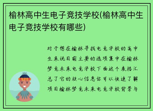 榆林高中生电子竞技学校(榆林高中生电子竞技学校有哪些)